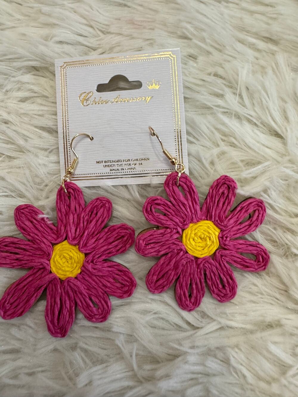 Artisan Pink and yellow daisy earrings with yellow center